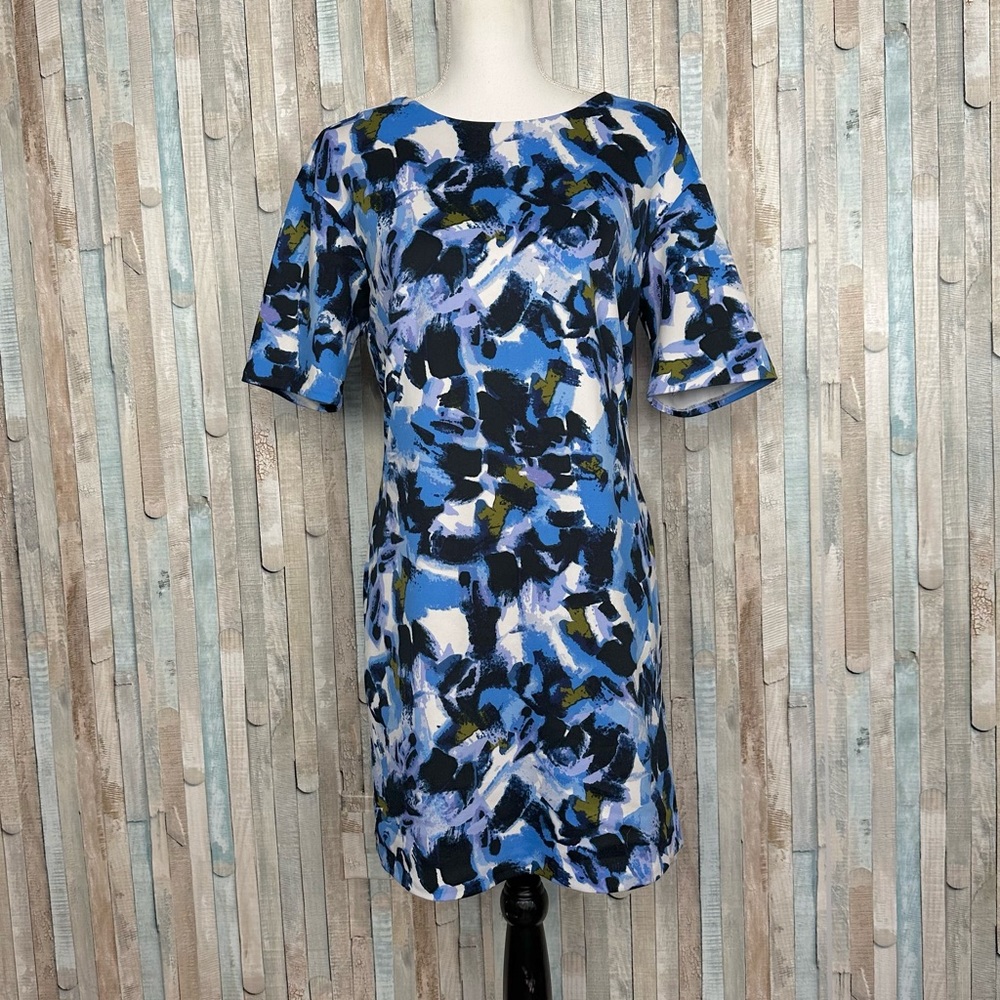 H Halston S Bright Blue Abstract Floral Print Sheath Dress Work Career $120